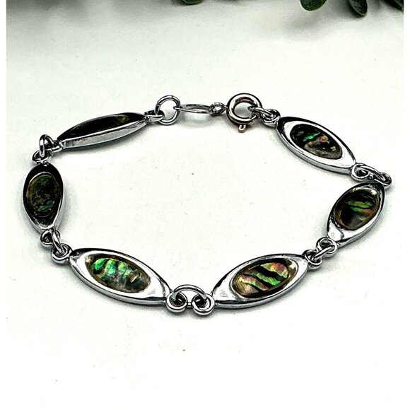 Silver tone bracelet with Oval Link Abalone inlay design - Picture 1 of 4